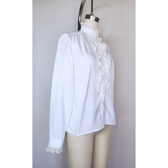 1970s LANZ Lace Blouse Ruffled Button Down Shirt Blouse KOREAN Collar size XS - Picture 4 of 10